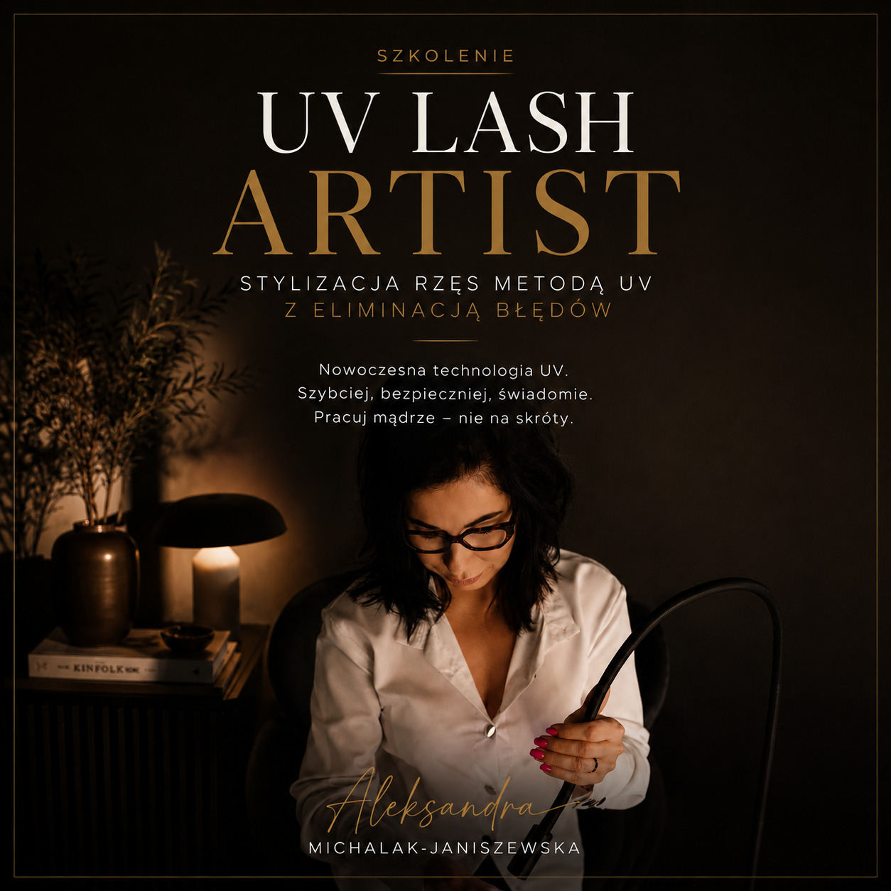 Grafika szkolenia UV Lash Artist — stylizacja rzęs metodą UV z eliminacją błędów